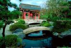 Garden, pond, arch bridge, water, trees, Buddhist Shrine, Gotemba, CAJV02P12_05.0629
