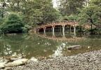 Gardens, Taiko arch bridge, pond, water, rocks, trees, reflection, lake, CAJV04P03_16