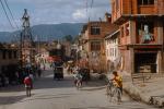 Street, road, triwheeler, buildings, shops, sidewalk, Kathmandu, CANV01P04_12B