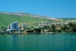 buildings, shore, shoreline, hill, skyline, harbor, docks, Tiberias, Sea of Galilee, CAZV01P14_06.3341