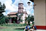 Boys, Dog, Church Tower, dome, building, Patzcuaro, Guadalajara, CBMV04P10_09