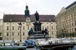 Statues, Buildings, Cars, Palace, Clock Tower, automobile, vehicles, Vienna, October 19, 1964, 1960s, CEAV01P11_15