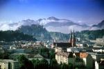 Austrian Alps, Salzburg, valley, Hohensalzburg Castle, Church, mountains, houses, homes, clouds, CEAV02P04_12