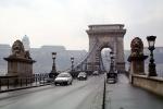 Cars, Lion Statues, Szechenyi Chain Bridge, Chain Suspension Bridge, Danube River, automobile, vehicles, Budapest, CEHV01P13_03