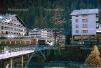 Hotel Bristol, Hotel Couronne, Buildings, Chalet, River, Zermatt, Switzerland, 1950s, CESV01P12_10.1720