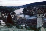 River, Bridge, tower, buildings, village, Switzerland, CESV02P09_17
