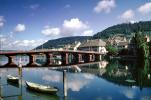 Bridge, Reflection, Calm, Boats, Hills, Stein Am Rhine, (Rhein), Rhine River, Switzerland, CESV03P05_11