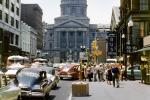 Downtown Indianapolis, cars, crowds, stores, Greyhound Bus Station, 1950s, CLNV01PO9_04B