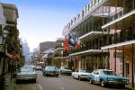 Balcony, Buildings, Road, Street, French Quarter, Cars, automobile, vehicles, 1950s, CMLV01P02_01