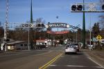 Railroad Crossing, cars, Willits Arch, standing over US Highway 101, Gateway to the Redwoods, CNCD01_115