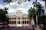 Iolani Palace, The state capital building, clock tower, palm trees, CPHV02P12_02