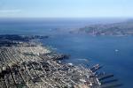 The Marina, docks, piers, Aquatic Park, Golden Gate Bridge, Marin Headlands, 1953, 1950s, CSFV01P01_09