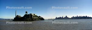 San Francisco Oakland Bay Bridge, Alcatraz Island, skyline, buildings, Panorama, CSFV18P05_15