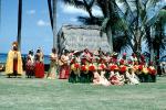 Hawaiian, Hula, ethnic costume, grass hut, palm trees, July 1963, 1960s, EDAV04P07_01