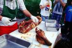 Head Chopped Off, Pig Head, Carving, Chef, Decapitated, Knife, Meat, White Meat, Tray, Tablecloth, Roasted Pig, Roast, FDNV02P02_19