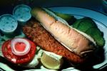 fried fish sandwich, Tomato and Onion, Lemon, seafood, lemon slice, onion, plate, FTCV01P08_07