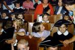 Elementary Schoolchildren, cap and gown, graduation, boys, girls, smiles, 1950s, KEDV04P07_11