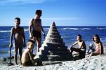 Cone Sand Castle, Beach, Father, Son, Daughter, Cone, Spiral, Ocean, Water, October 1965, 1960s, PCTV01P01_12