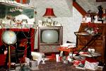Television, Living room, presents, globe, lamp, mess, abundance, lampshade, 1960s, PHCV04P04_05