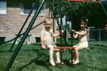 lawn, Backyard, Boy, Girl, Swing Set, June 1960, 1960s, PLGV03P15_14