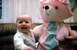 1960s, big teddy bear, smiles, baby, Toddler, PLPV05P08_18