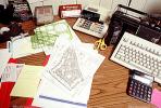 calculator, keyboard, radio, clutter, radio, cordless phone, desk, paperwork, stencils, PWWV06P14_07