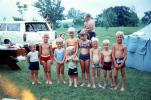Children at Campground, smiles, boys, girls, Ford Station Wagon, 1960s, RVCV01P14_01