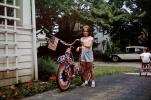 Girl and her Patriotic Bicycle, Driveway, car, July 4 1965, 1960s, SBYV03P05_06