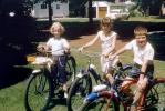 Neighborhood Kids on their Bicycles, Suburbia, Ford Car, Girls, Boy, Smiles, 1950s, SBYV04P06_16