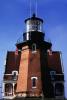 Block Island Southeast Light, Block Island, Rhode Island, Pyramidal Tower with Black Lantern, Red Brick House, Chimneys, Windows, East Coast, Atlantic Seaboard, TLHV07P13_16B