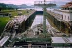 a ship about to go through a partially open lock in the Panama Canal, Mules, Cog, Railway, Rail, Gatun Locks, 1966, 1960s, TSWV01P02_19.1719
