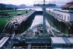 a ship about to go through a partially open lock in the Panama Canal, Mules, Cog, Railway, Rail, Gatun Locks, 1966, 1960s, TSWV01P02_19