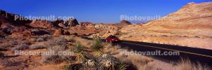 Valley of Fire, east of Las Vegas Nevada, Road, Roadway, Highway, Cars, automobiles, vehicles, Panorama, VCRV18P11_14