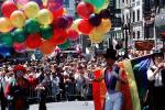 Rainbow Flag, top hat, downtown-SF, clowns, balloons, crowds, Powell Street at Union Square, CC celebration June 21 1984, 1980s, VRCV01P03_16