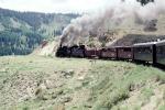 D&RGW locomotive 487, (Narrow Gauge), 2-8-2, passenger railcars, smoke, July 1990, VRPV02P12_14