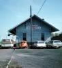 Railroad Train Station, Depot, Building, Freight House, Menasha Wisconsin, CMSP&P, cars, van, 1976, 1970s, VRPV08P05_14